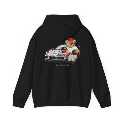 Luxurious black hoodie featuring an artistic design of a teddy bear in racing attire beside a sleek race car, perfect for speed enthusiasts.