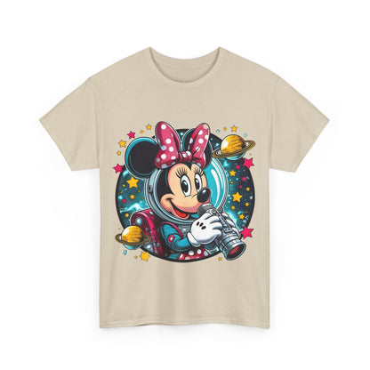Fashion-forward front view of the Blast Off with Minnie Mouse Unisex Graphic Tee Shirt, displaying a captivating illustration of Minnie Mouse ready for space adventures.
