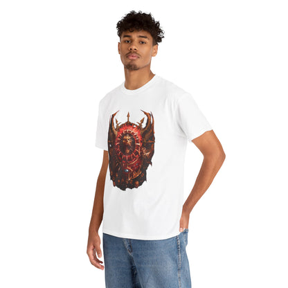 Refined male model wearing a premium cotton Warhammer graphic t-shirt, showcasing an elaborate red shield design, embodying a blend of fantasy and sophistication, set against a clean white background.