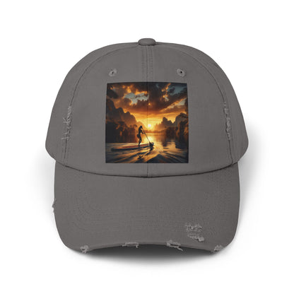 Unisex Distressed Paddleboarders Cap in chic dark grey, featuring a beautiful sunset illustration, perfect for stylish outdoor wear and sun protection.