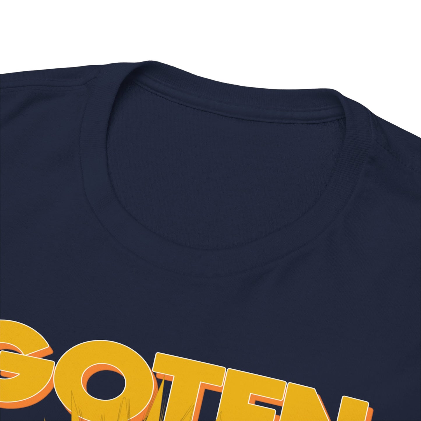 Close-up of the luxurious neck design on the navy Dragon Ball Z 'GOTEN' T-shirt, showcasing the premium craftsmanship and attention to detail.