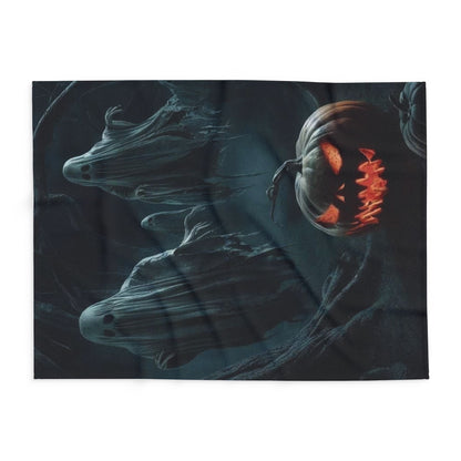 Chic Decorative and Warm Halloween Spooky Arctic Fleece Blanket displaying playful ghosts and a glowing pumpkin, ideal for adding charm to your Halloween festivities.