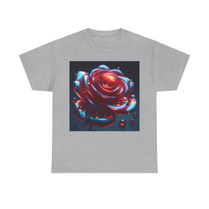 Ethereal Rose Unisex Graphic T-Shirt - Soft Cotton Tee with Iridescent Floral Design showcasing a striking rose illustration adorned with dew droplets on a grey fabric.