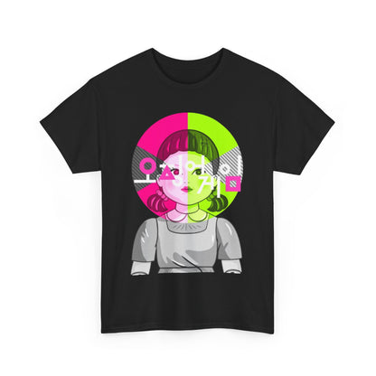 Sophisticated Squid Game Unisex Men’s Women’s Graphic Cotton Funny T-Shirt showcasing an artistic character representation, ideal for style enthusiasts embracing playful urban fashion.