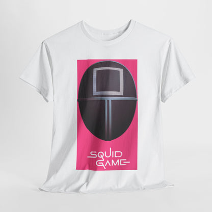 Squid Game Unisex Men´s Women´s Graphic Cotton Funny T Shirt Tee Street Urban featuring an iconic design with a black and pink aesthetic, showcasing a distinctive masked figure from the hit Netflix series, ideal for stylish rebels and fans of dark humour.