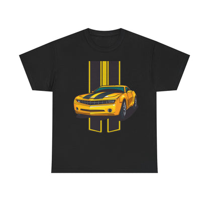 Elegant men's T-shirt showcasing a vibrant neon yellow Camaro graphic against a black background, combining fashion and passion for high-performance cars.
