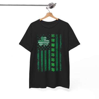 St Patrick's Day Unisex Men's Women's Graphic Cotton Funny T Shirt Tee Vintage elegantly hung on display with a contemporary design.