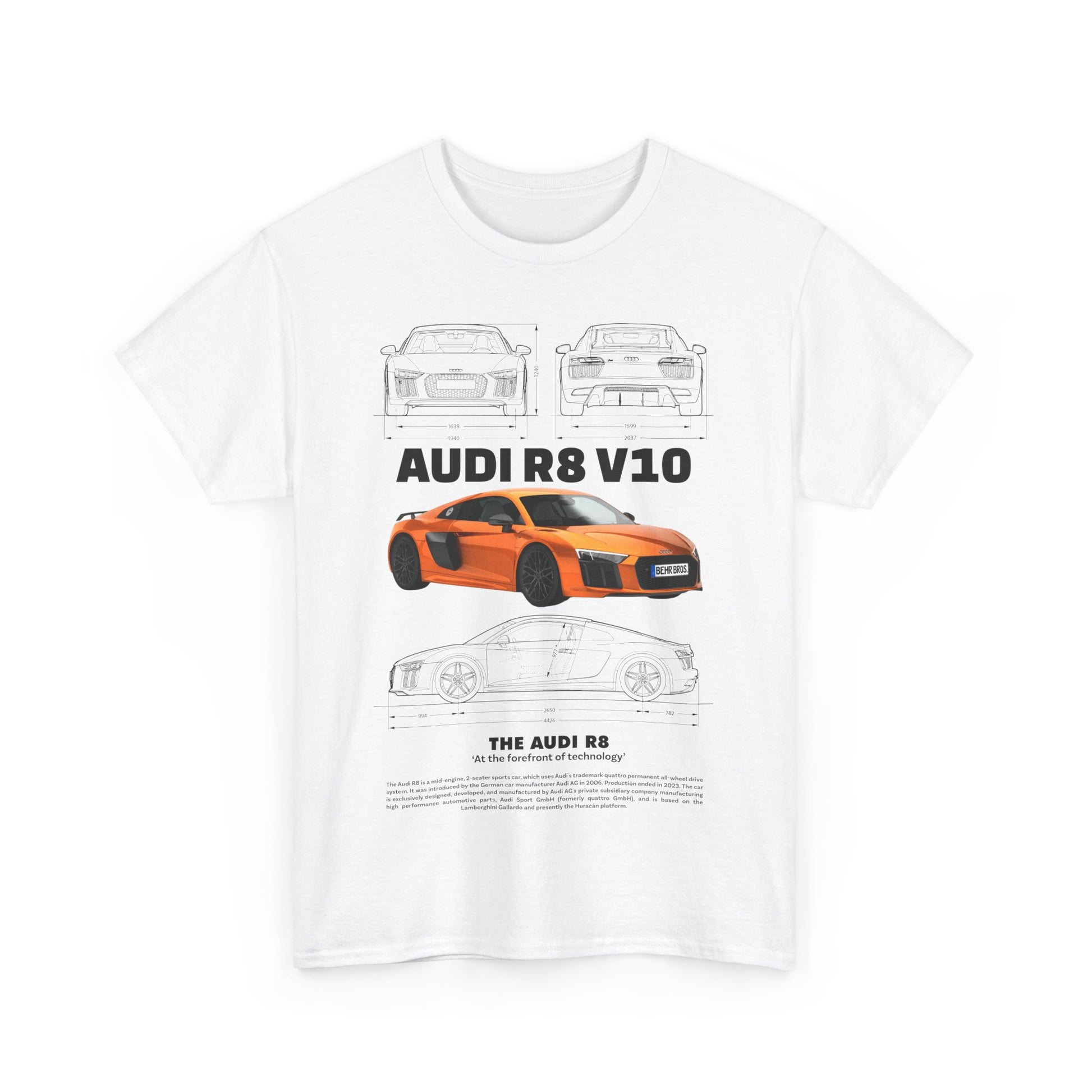 Elegant white Audi R8 V10 T-shirt displaying intricate car designs and specifications, perfect for style-conscious automotive fans.