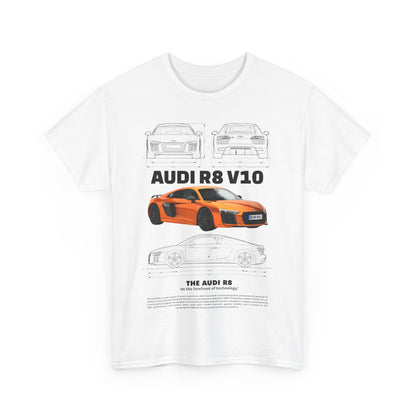 Elegant white Audi R8 V10 T-shirt displaying intricate car designs and specifications, perfect for style-conscious automotive fans.