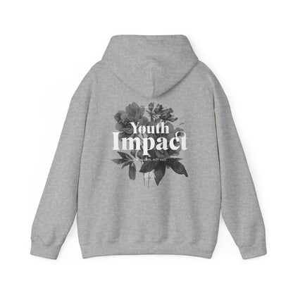 Sophisticated grey hoodie showcasing a monochrome floral artwork with the inscription 'Youth Impact - Spread Love, Not Hate', ideal for a chic and inspiring wardrobe.