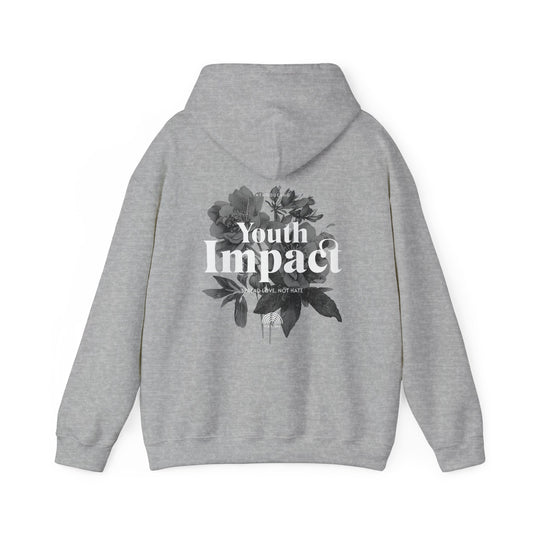 Sophisticated grey hoodie showcasing a monochrome floral artwork with the inscription 'Youth Impact - Spread Love, Not Hate', ideal for a chic and inspiring wardrobe.