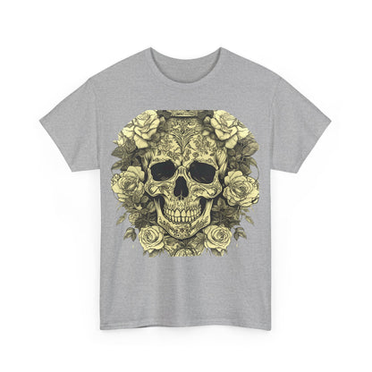 Front view of the chic Skulls and Roses Cotton Tee in grey, featuring an intricate skull and rose print that enhances individuality and statement-making style.