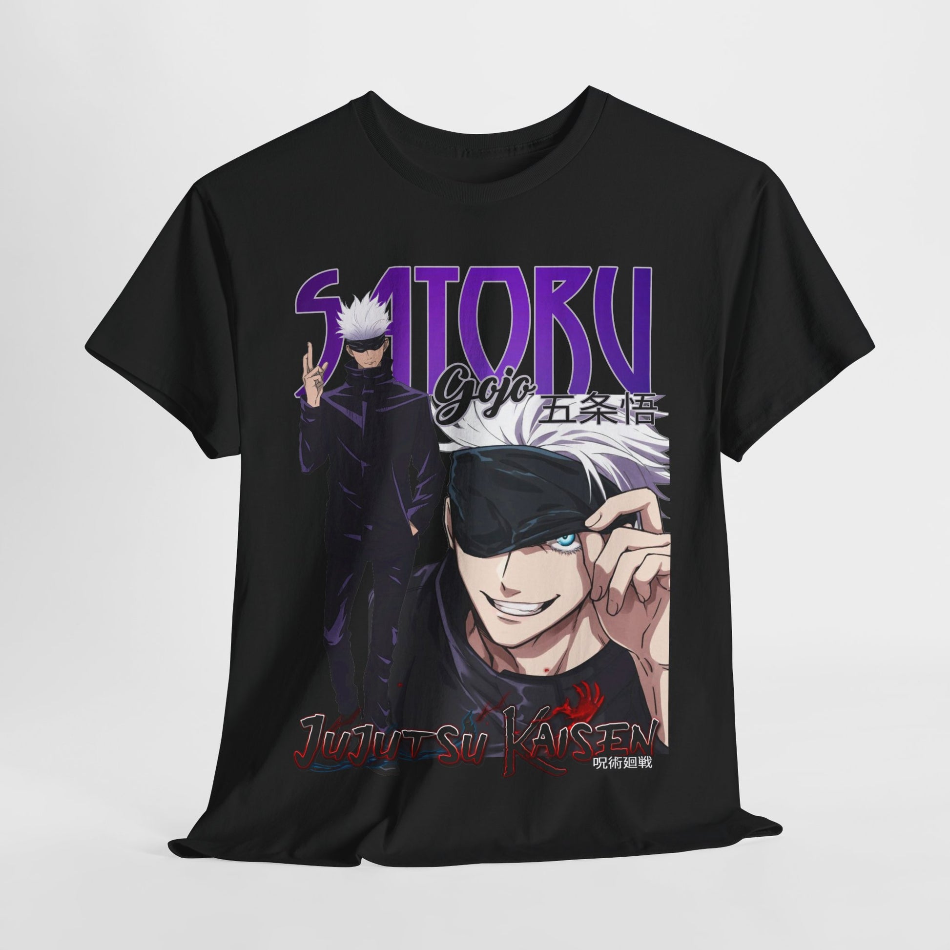 Luxurious Gojo Satoru graphic T-shirt showcasing dynamic anime artwork from Jujutsu Kaisen, perfect for discerning fans of high-quality anime apparel.
