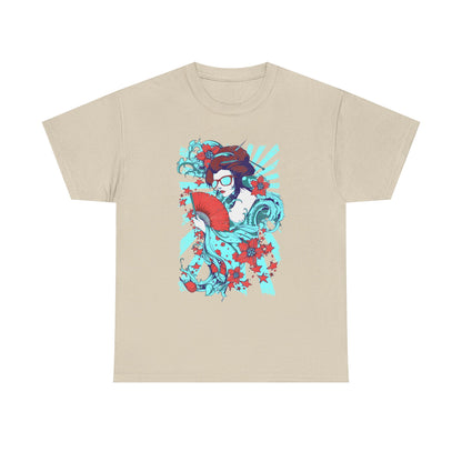 Chic beige Men's T-Shirt with a captivating pop art geisha design, presenting vibrant turquoise and red elements that reflect a perfect harmony of modern artistic flair and classic cultural motifs.