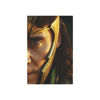 Close-up of Marvel Loki Metal Art Poster featuring intricate details of Loki's face and golden helmet, highlighting the elegance of Norse mythology in high-quality matte aluminium.