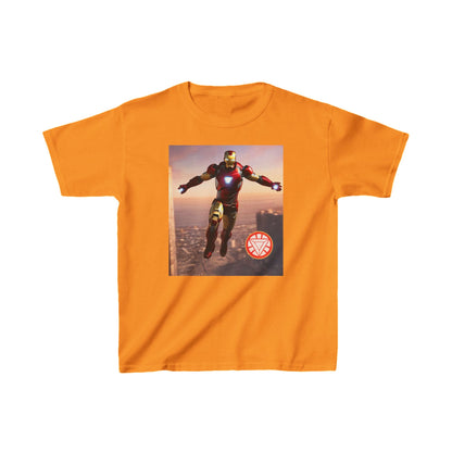 Kids Iron Man Heavy Cotton T-Shirt with a striking Iron Man graphic, available in a multitude of vibrant colours.