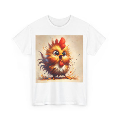 Explosive Joy Tee - Cartoon Bird Edition, front view featuring a playful cartoon bird illustration on a white unisex cotton tee, ideal for brightening any wardrobe.