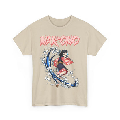 Exquisite beige T-shirt featuring a dynamic illustration of Makomo, an anime character, with a vibrant water splash design and bold lettering, perfect for fashion-forward fans.