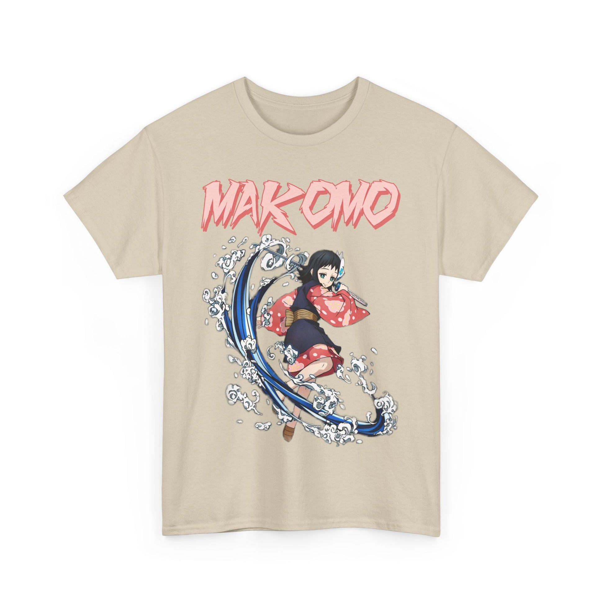 Stylish Makomo anime T-shirt featuring a dynamic illustration of the character in action, showcasing vibrant colours and artistic flair.