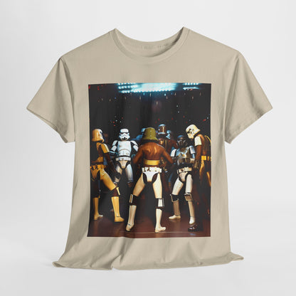Elegant beige men's t-shirt displayed with vibrant graphics depicting Stormtroopers in an action-packed scene from Star Wars.