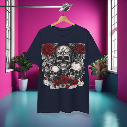 Stylish display of the Skulls and Roses Cotton Tee, unisex graphic shirt, featuring an edgy skull and rose design, styled in a vibrant interior.
