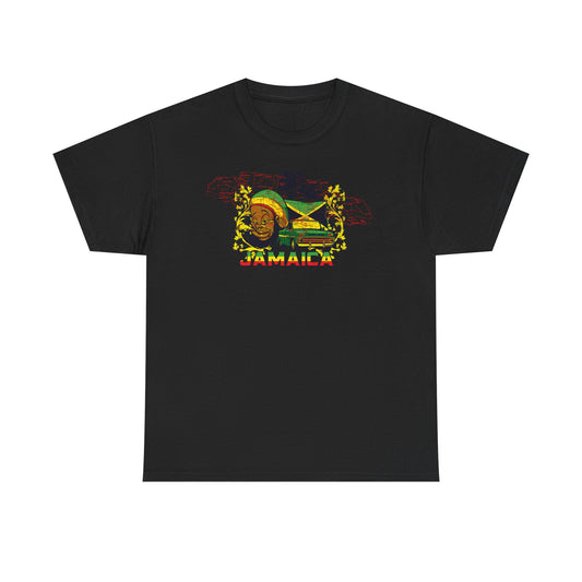Luxury vibrant Jamaica graphic t-shirt for men in black, showcasing an exquisite retro design with bold colours and tropical elements, perfect for casual elegance.