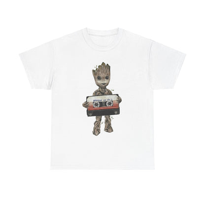 Baby Groot Awesome Mixtape Unisex Men´s Women´s Graphic T Shirt Tee in a pure white fabric, displaying a delightful image of Baby Groot clasping the 'Awesome Mix Vol. 2' cassette.