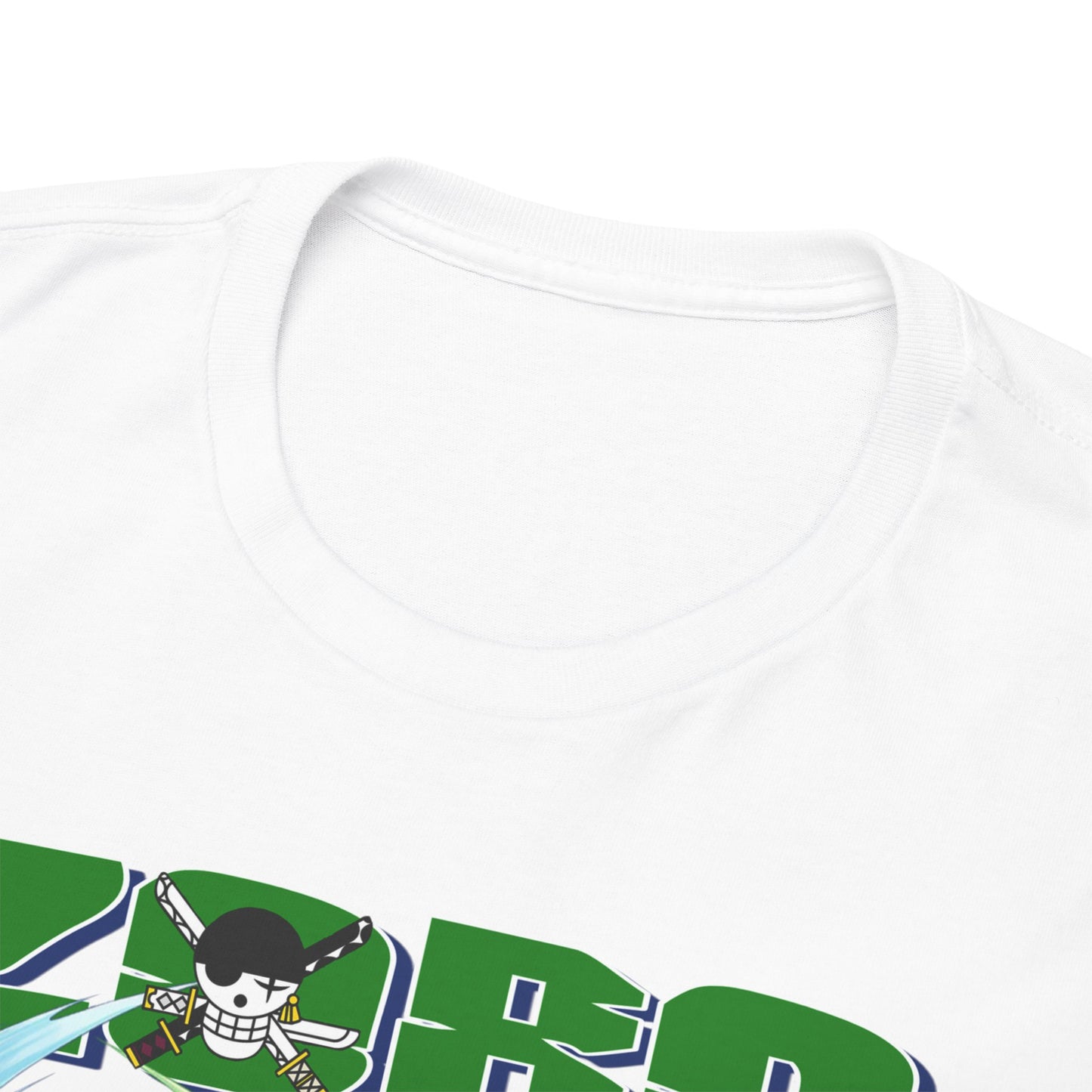 Close-up detail of the neckline of the luxury One Piece graphic tee, displaying high-quality cotton and the unique Zoro design for ultimate comfort and style.