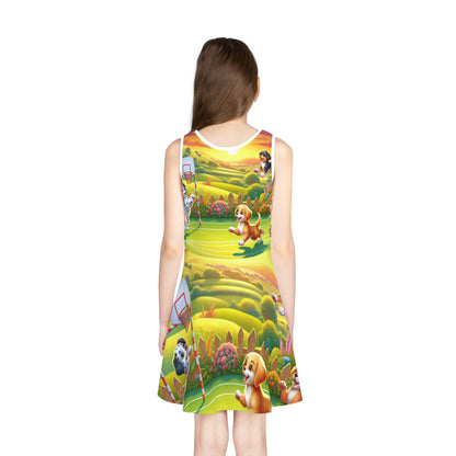 Bella Sterling Girls Sundress featuring a vibrant puppy print, designed by Dazzling Dreams Studio, perfect for summer days outdoors. Showcasing playful cartoon puppies in a lush meadow setting, this sundress combines whimsical charm with luxurious comfort for fashionable children.