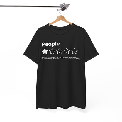 Stylish black T-shirt designed for both men and women, showcasing striking white lettering 'People' and a distinct 5-star rating graphic indicating a humorous critique.