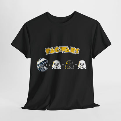 Pac Wars Pacman Star Wars Mashup Unisex Men's Women's Graphic T Shirt Tee showcasing a unique design with R2-D2 and Stormtroopers on a luxurious black fabric.
