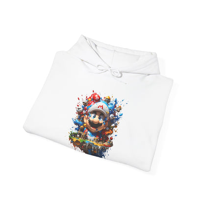 Chic front view of a folded white Unisex Computer Game Graphic Lightweight Hooded Sweatshirt with a vibrant gaming graphic, exemplifying luxury comfort for gaming enthusiasts.