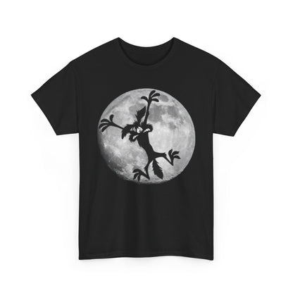 Chic black graphic t-shirt displaying Wile E. Coyote's playful silhouette against a luminous moon backdrop, celebrating humour and artistic flair.