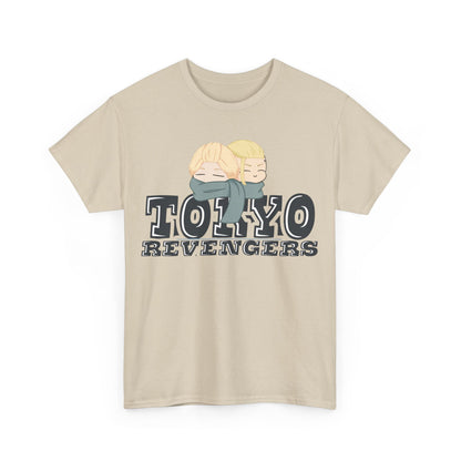 Stylish Tokyo Revengers t-shirt in a subtle beige hue, featuring an exclusive graphic of two anime characters, perfect for adding a touch of elegance to any casual wardrobe.