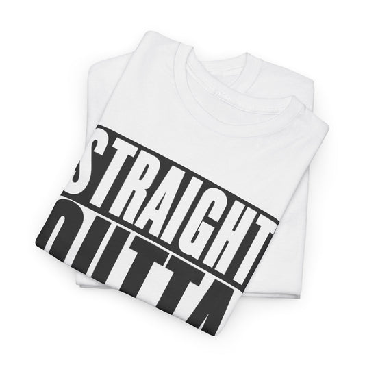 Elegant folded Discworld Ankh Morpork graphic tee displaying 'STRAIGHT OUTTA ANKH-MORPORK' in striking black letters, ideal for stylish enthusiasts of fantasy literature.