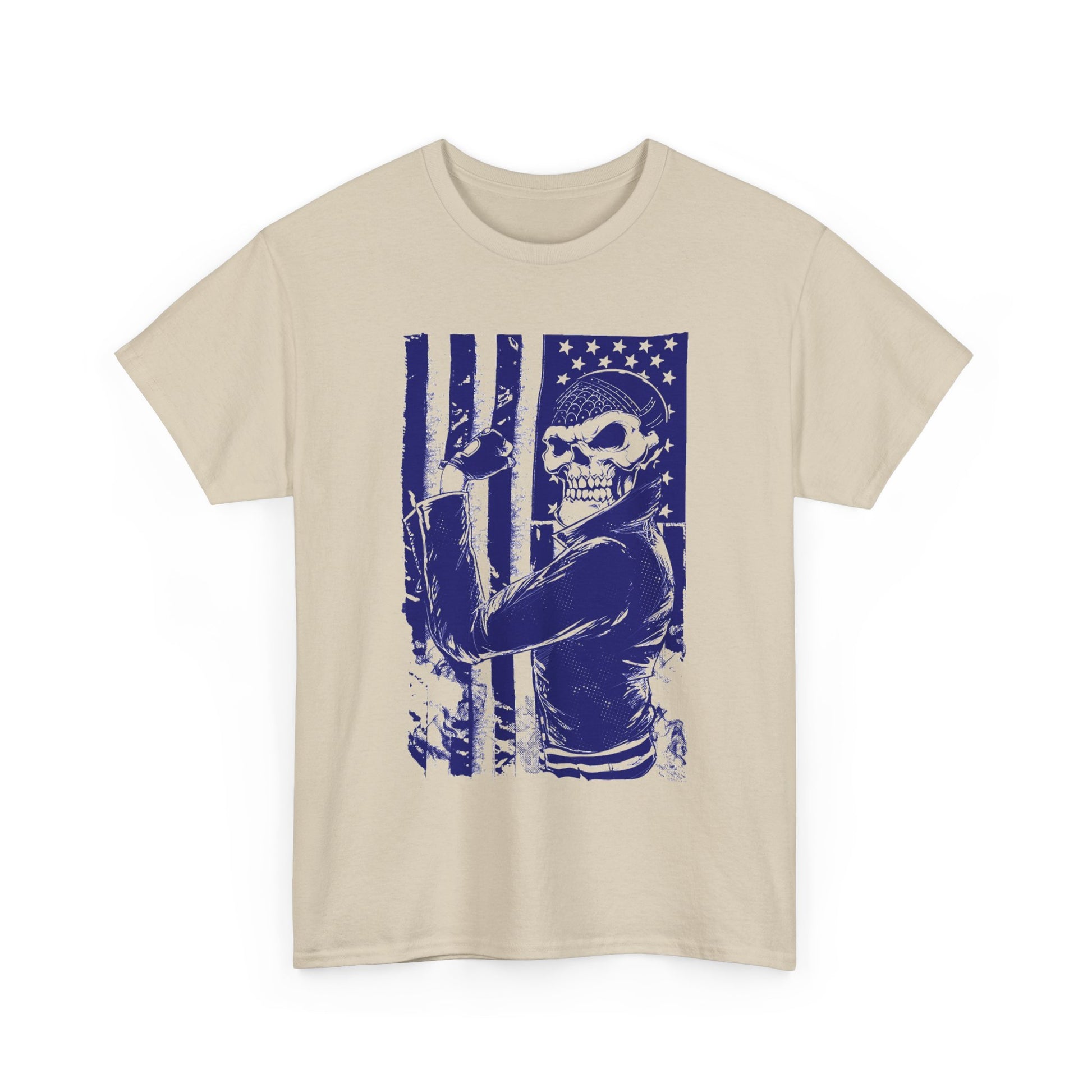 Luxurious men's t-shirt featuring an intricate biker skull design overlaying a distressed American flag, showcasing bold blue hues against a beige fabric background, perfect for those who embrace adventure and freedom.