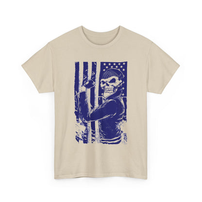 Luxurious men's t-shirt featuring an intricate biker skull design overlaying a distressed American flag, showcasing bold blue hues against a beige fabric background, perfect for those who embrace adventure and freedom.