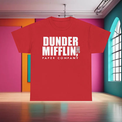 Chic Dunder Mifflin Logo Graphic T-Shirt in vibrant red, adorned with the classic logo of the iconic paper company from The Office.