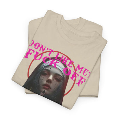 Stylish folded men's graphic T-shirt showcasing a unique design of a rebellious nun with the text 'DON'T LIKE ME? FUCK OFF', crafted with high-quality materials, ideal for making a bold fashion statement.