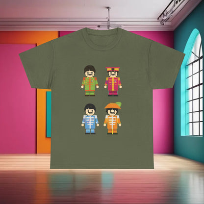 The Toy Beatles Graphic T-Shirt in olive green featuring cartoon renditions of The Beatles dressed in vibrant costumes, capturing the luxury and nostalgia of the Fab Four.