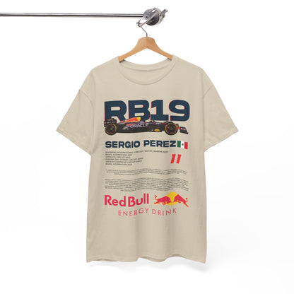 Elegant hanging display of the Men's Red Bull RB19 F1 Racing T-shirt, highlighting the striking Sergio Perez graphic and premium fabric quality.