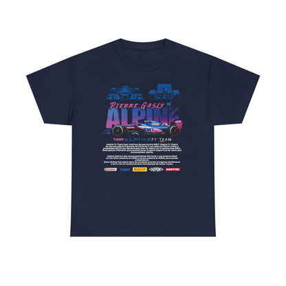 Luxurious navy Alpine F1 Team Men’s T-Shirt highlighting vibrant graphics of Pierre Gasly and detailing the prestigious BWT Alpine F1 Team emblem, perfect for motorsport enthusiasts.