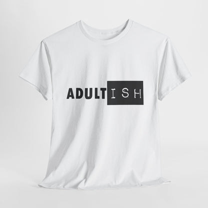 Stylish flat lay of 'Adult-ish' graphic t-shirt, blending youthful charm with sophisticated urban aesthetics.