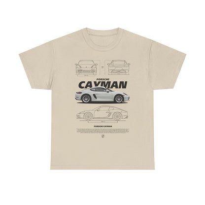 Luxury men's T-shirt featuring a stylish Porsche Cayman design with detailed illustrations; perfect for car enthusiasts balancing comfort and style.