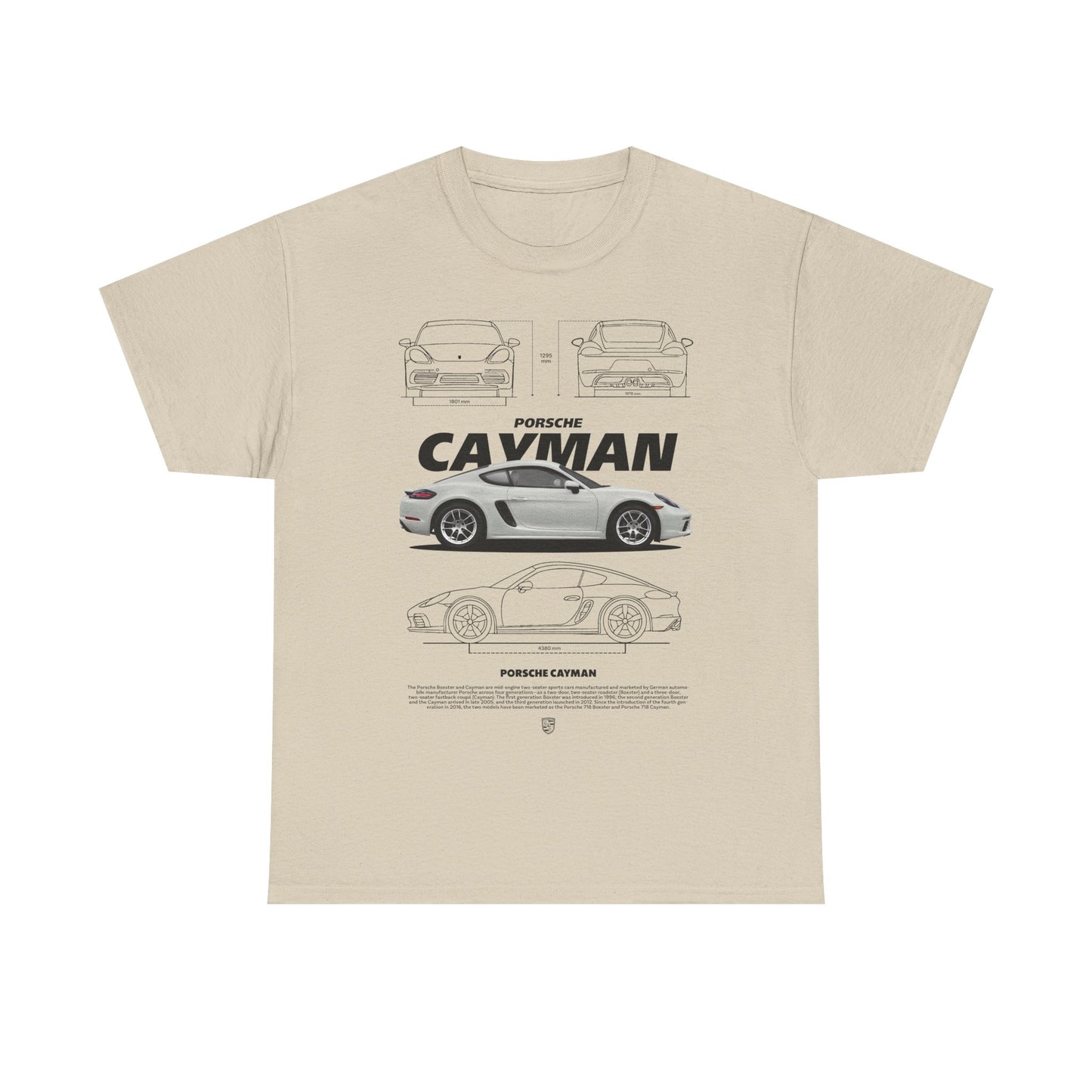 Elegant beige men's T-shirt adorned with a stylish graphic of the Porsche Cayman, featuring intricate outlines and details of the renowned sports car, a must-have for fans.