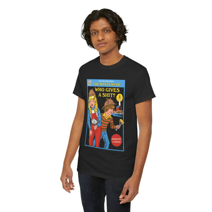 Premium unisex t-shirt in black, adorned with an eye-catching graphic of child detectives, highlighting the humorous title 'The Mystery of Who Gives a Shit?'.