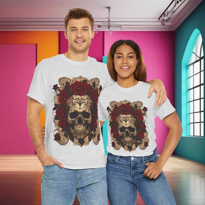 Elegant couple wearing Skulls and Roses Cotton Tees, gripping each other in a stylish manner, featuring unique skull and rose graphics, against a chic, colourful backdrop.