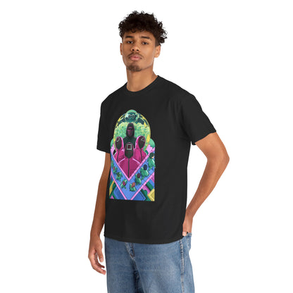 Model showcasing a premium black t-shirt adorned with vivid Squid Game artwork, perfect for making a statement in urban fashion.