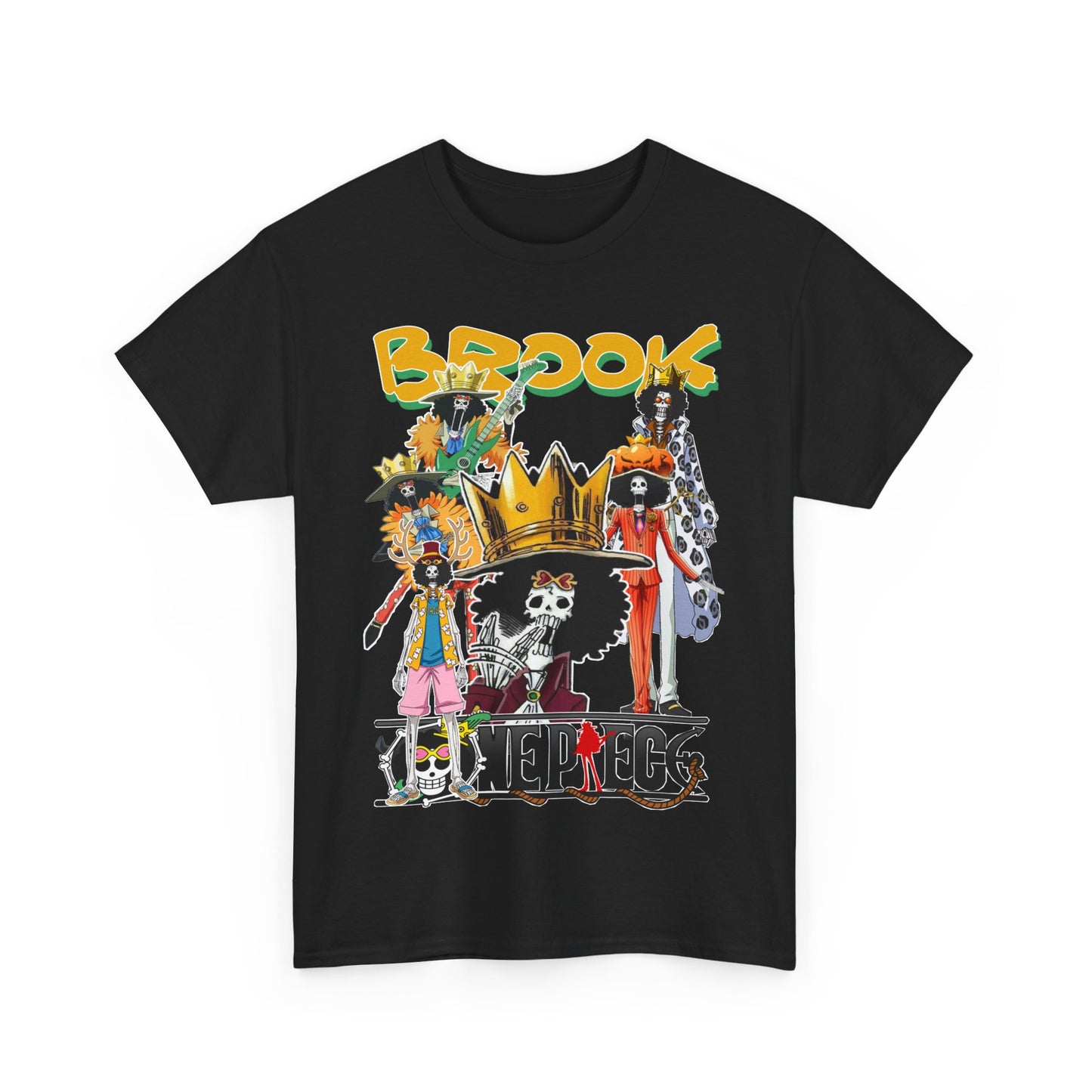 Striking black t-shirt featuring a vibrant collage of Brook characters from the anime, designed for anime lovers seeking unique and fashionable apparel.