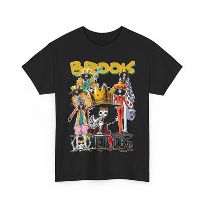 Striking black t-shirt featuring a vibrant collage of Brook characters from the anime, designed for anime lovers seeking unique and fashionable apparel.